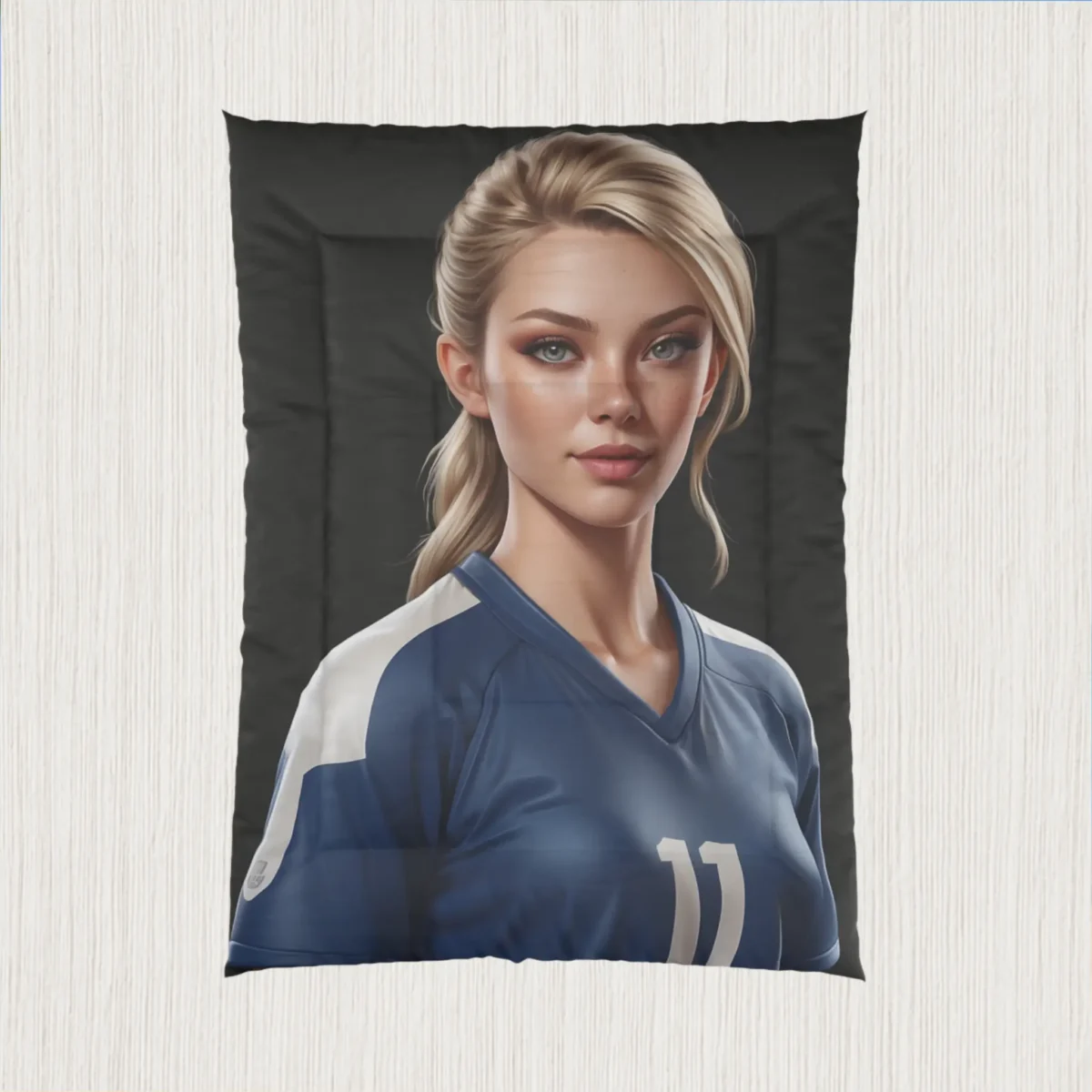 Flat view of comforter showing a digitally rendered volleyball player in a blue and white uniform
