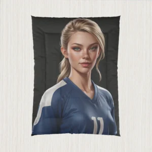 Flat view of comforter showing a digitally rendered volleyball player in a blue and white uniform