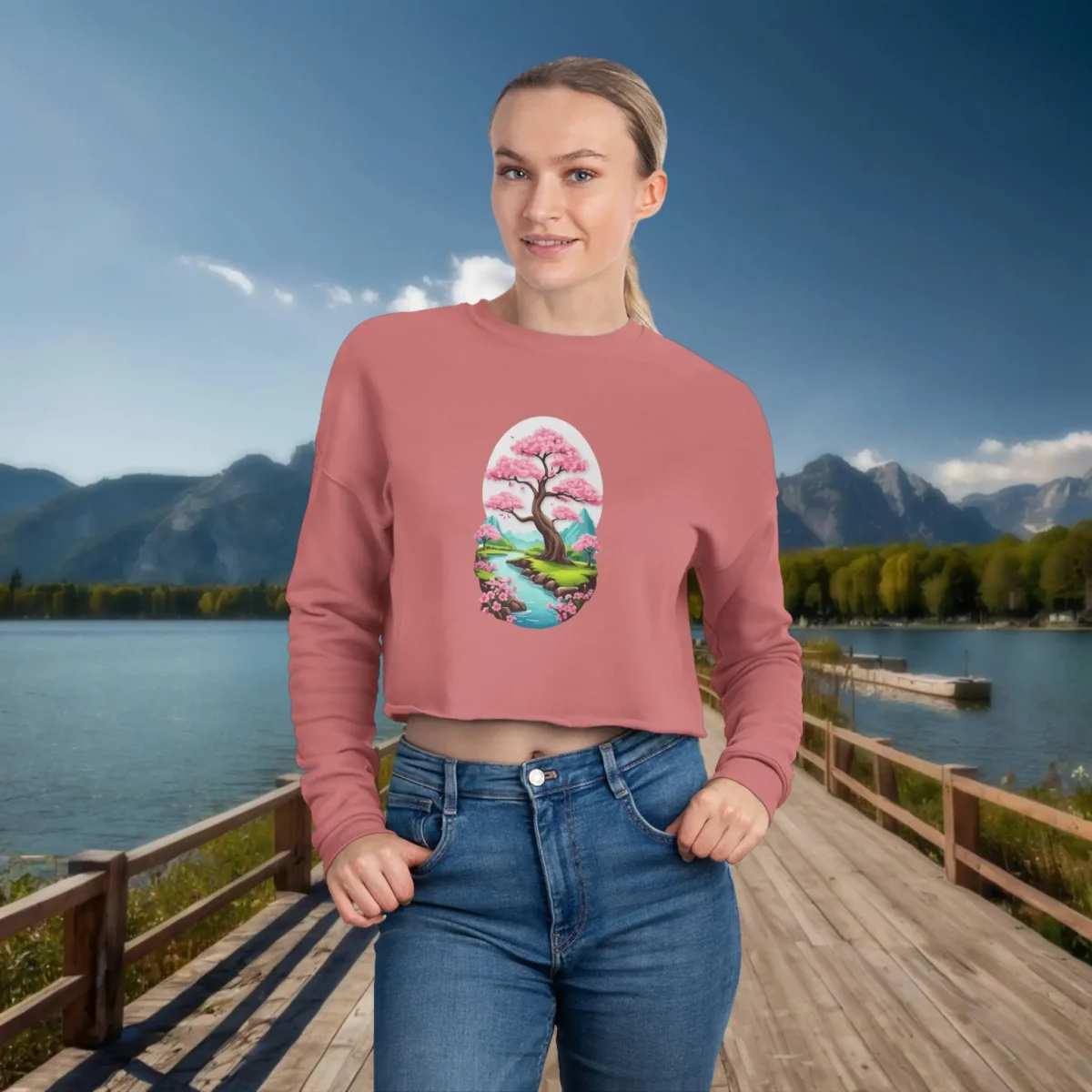 Woman wearing a pink cropped sweatshirt with a cherry blossom tree and mountain landscape illustration