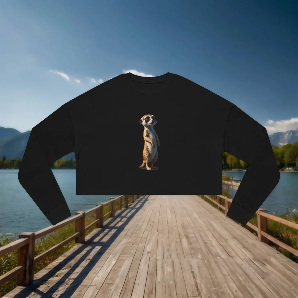 Black cropped sweatshirt with a meerkat illustration laid flat on a wooden dock overlooking a scenic lake and mountains.