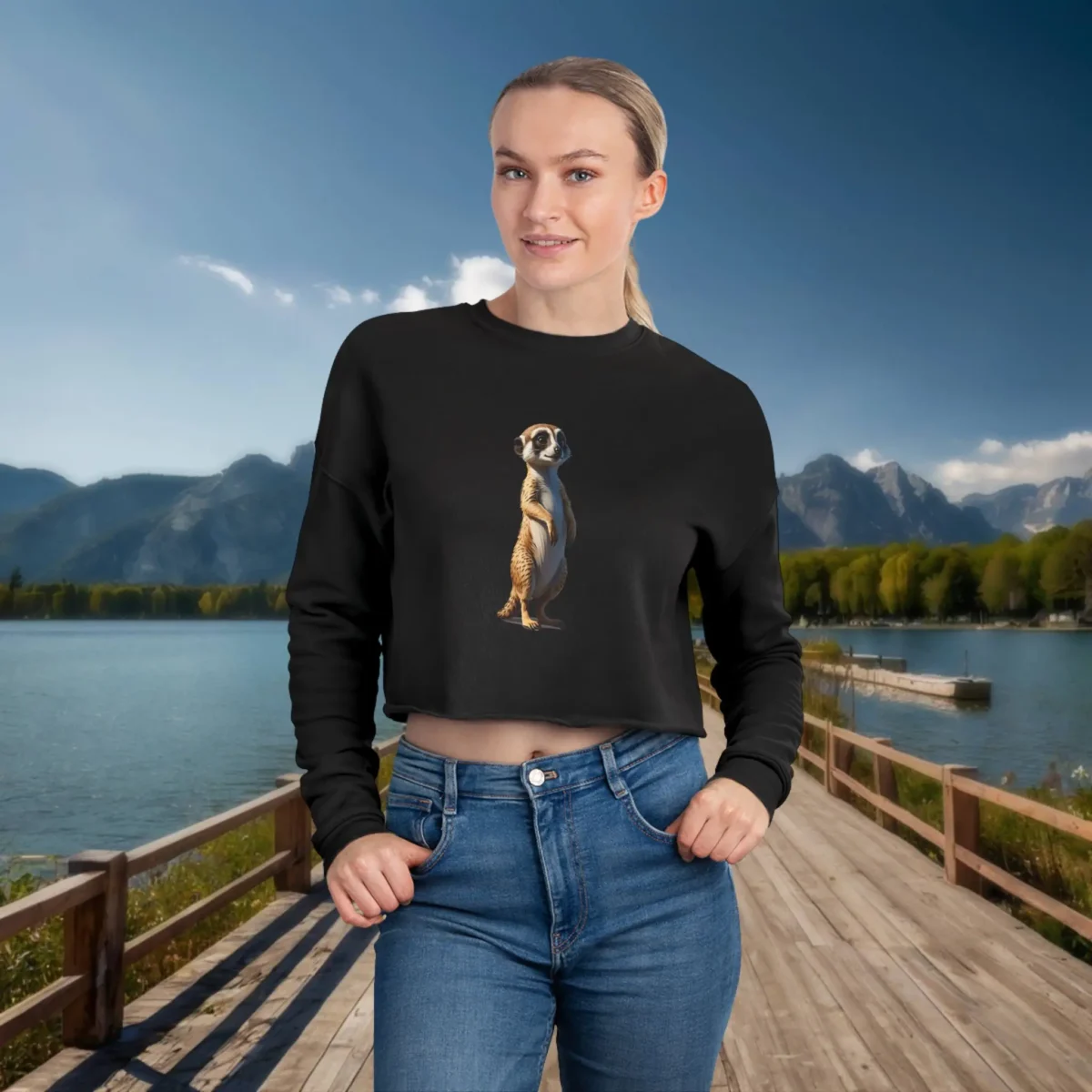 Woman wearing a black cropped sweatshirt with a standing meerkat illustration, posing on a lakeside wooden dock with mountains in the background.