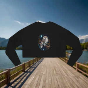 Black cropped sweatshirt with an owl and night sky illustration laid flat on a dock by a calm lake with mountain scenery.