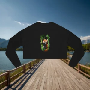 Black cropped sweatshirt with red panda and bamboo design laid flat on a wooden dock by a peaceful lake and mountain landscape.