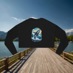 Flat lay of a black cropped sweatshirt displaying a breaching whale ocean graphic