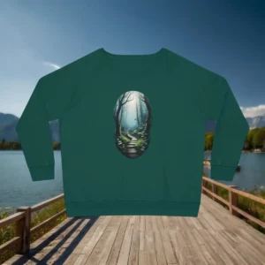 Green relaxed fit sweatshirt with mystical forest path print displayed flat outdoors