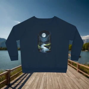 Flat lay of navy women’s sweatshirt with moonlit forest river design, displayed on a lakeside boardwalk