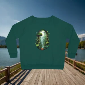 Flat lay of forest green sweatshirt with vibrant rainforest and jungle pathway design