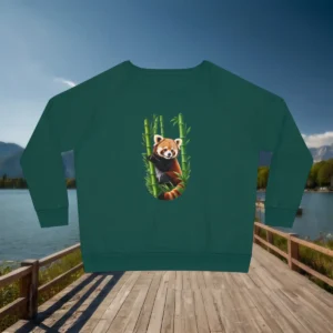 Flat lay of forest green sweatshirt with cute red panda graphic and bamboo backdrop