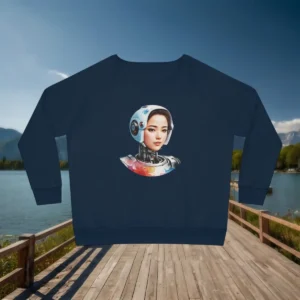 Flat lay of navy sweatshirt with futuristic female robot graphic