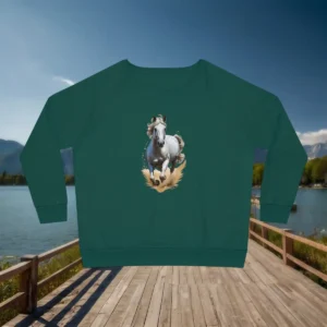 Flat lay of green relaxed fit sweatshirt with galloping horse print, displayed on boardwalk by the water