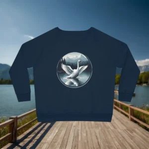 Flat lay of navy sweatshirt with swan lake scene in circular frame