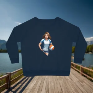 Flat lay of navy sweatshirt with animated female volleyball player design
