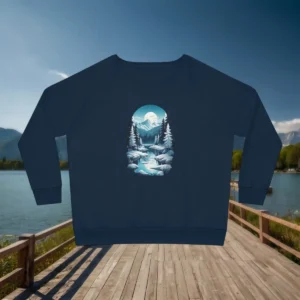 Flat lay of navy sweatshirt with snow-covered forest and moonlit mountain scene