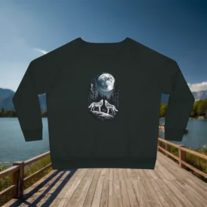 Flat lay of green sweatshirt with illustration of two wolves and a full moon in forest