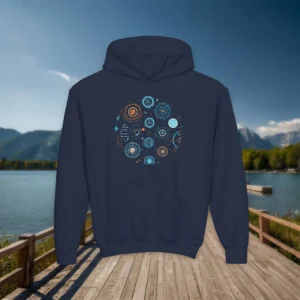 Flat lay of navy blue youth hoodie with circular biotechnology pattern design