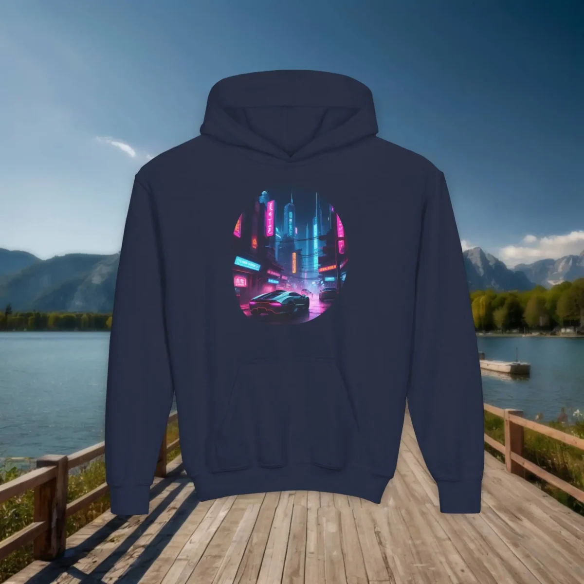 Navy blue kids hoodie featuring futuristic cyberpunk city at night