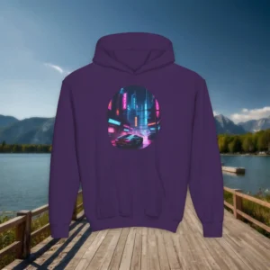 Purple youth hoodie with vibrant neon cyberpunk city scene design