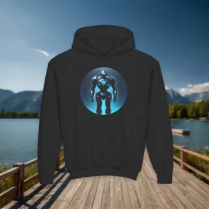 Black kids hoodie with glowing blue robot graphic in a sci-fi style