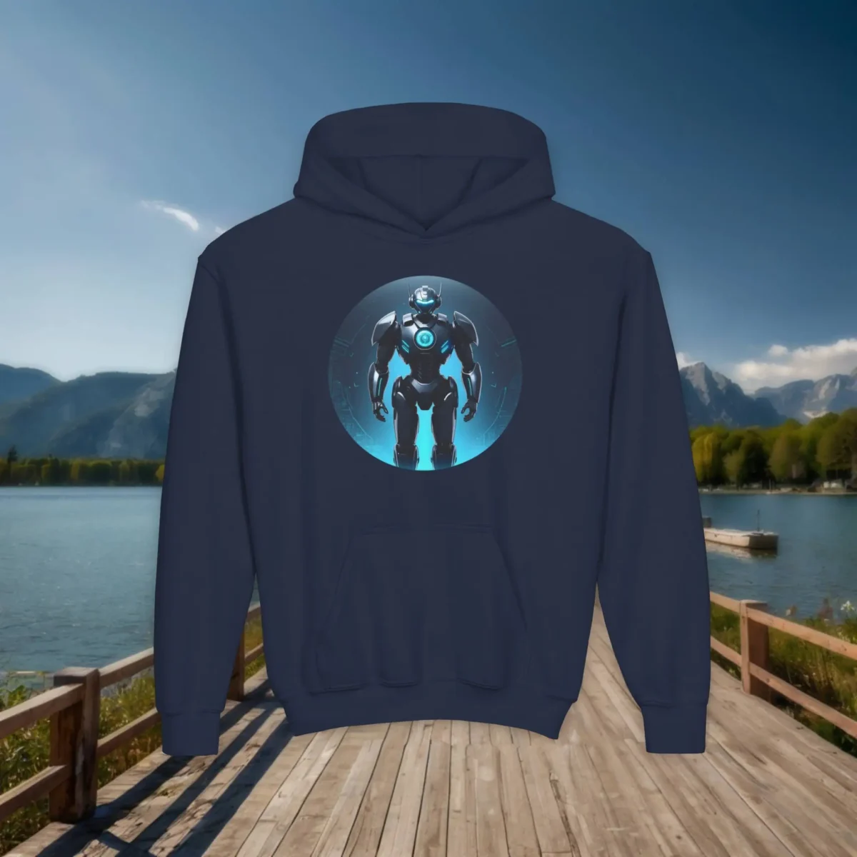 Navy blue youth hoodie featuring a glowing futuristic robot with blue light accents