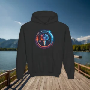 Black kids hoodie with futuristic brain and spine medical illustration