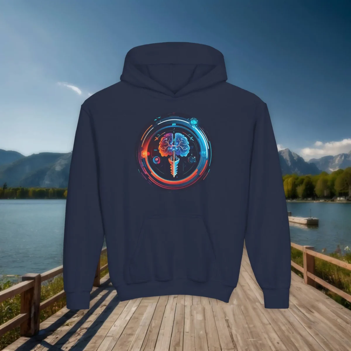 Navy blue youth hoodie featuring a glowing medical-themed design with brain and spine illustration