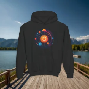 Black hoodie for kids featuring glowing quantum physics illustration with atomic orbits and particles