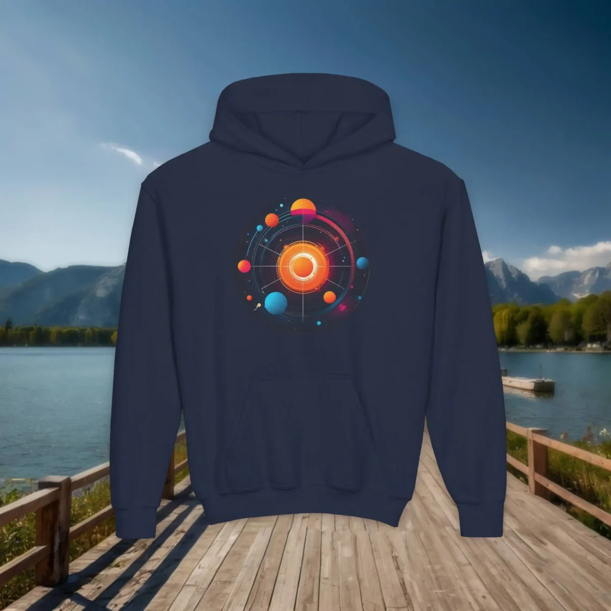 Navy blue youth hoodie featuring a colorful quantum physics-inspired design with atomic orbitals