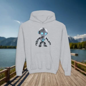Flat lay of grey youth hoodie featuring a cute futuristic robot with blue lights