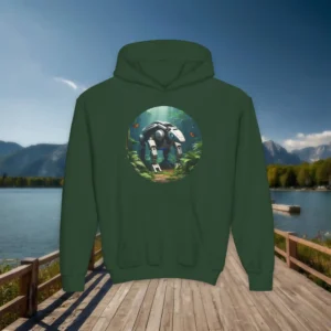 Forest green youth hoodie featuring a robotic animal walking through a lush jungle environment
