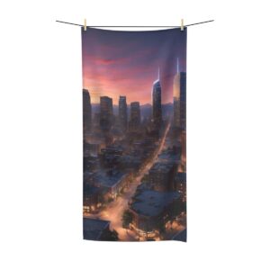 Polycotton towel with a downtown cityscape at dusk