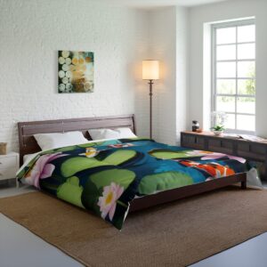 A Comforter featuring koi fish swimming among water lilies and lily pads in a serene pond.