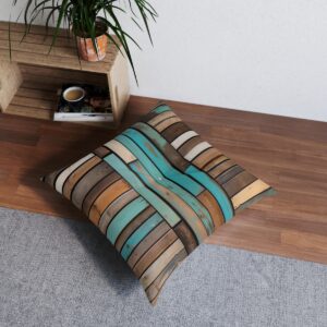 Reclaimed wood motif tufted floor pillow with eye-catching teal lines