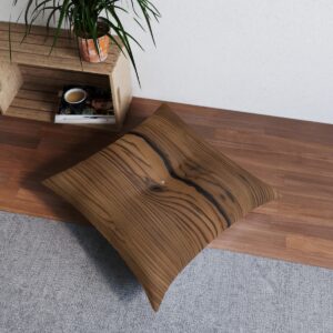 Square tufted floor pillow with wood grain design