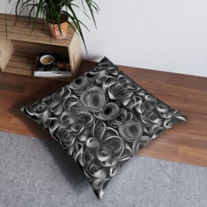 Cushion cover with complex design of monochrome spirals weaving endless depth