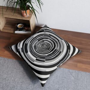 Eye-catching cushion with concentric circles in black and white creating tunnel vision effect