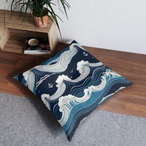 Seafarer's haven tufted floor pillow with graceful ocean wave design