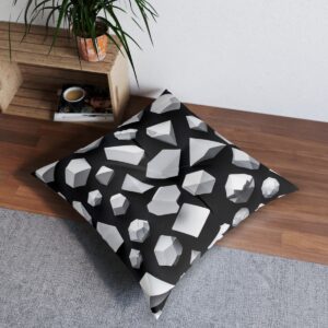 Eye-catching white polygons pattern tufted floor pillow with dynamic gray shadowing on black