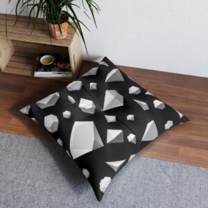 Chic white geometric polygons on black tufted floor pillow with grey shadow for 3D effect