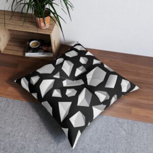 Striking white polygons with grey shadows on dark background tufted floor pillow