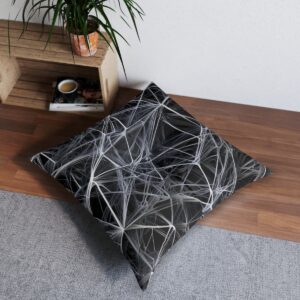 Contemporary tufted floor pillow with intricate monochrome intersecting lines