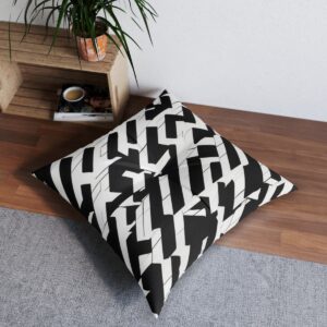 Kinetic black and white skewed rectangle pattern tufted floor pillow