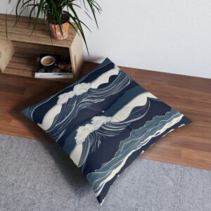 Anchored seascape tufted floor pillow with stylized ocean wave design