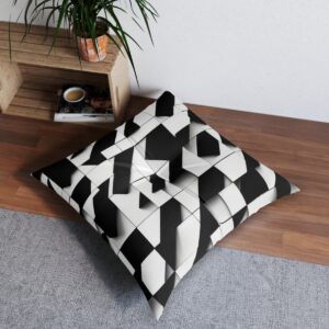 Modern black and white optical illusion rectangle tufted floor pillow