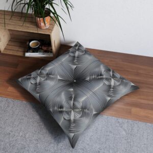 Dynamic moiré pattern tufted floor pillow with symmetrical gray squares