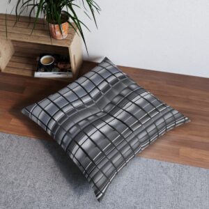 Sophisticated moiré pattern tufted floor pillow on hardwood floor