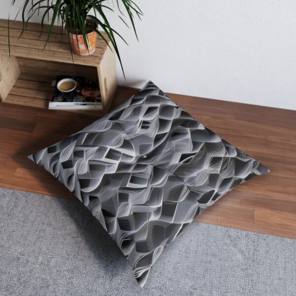 Mesmerizing gray moiré pattern tufted floor pillow in a modern interior