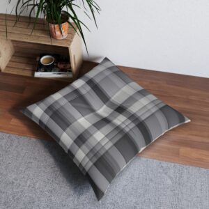 Elegant gray moiré pattern tufted floor pillow on wooden flooring