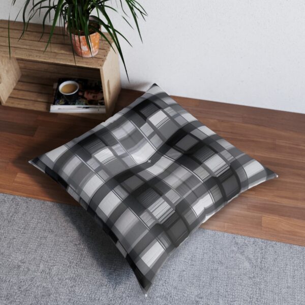 Contemporary gray moiré pattern tufted floor pillow in room setting