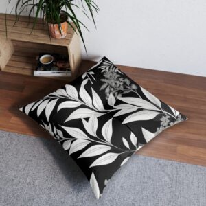 Elegant abstract monochrome foliage tufted floor pillow in home interior