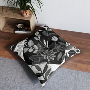 Sophisticated abstract monochrome foliage tufted floor pillow in living space